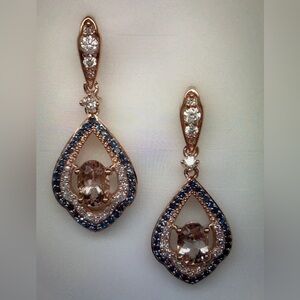 10K Rose Gold Oval Shape Morganite and Blue and White Diamond Dangle Earrings